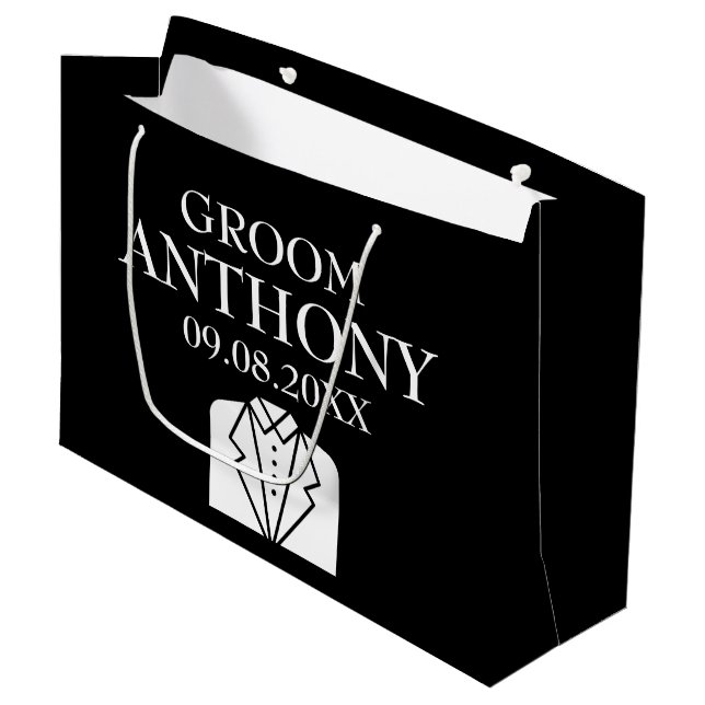 Groom Black Elegant Modern Name Gifts Wedding Larg Large Gift Bag (Front Angled)