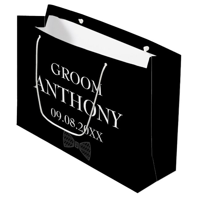 Groom Black Elegant Modern Name Gifts Wedding Large Gift Bag (Front Angled)