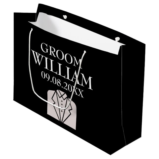 Groom Black Elegant Modern Name Gifts Wedding  Large Gift Bag (Front Angled)