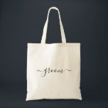 Groom Black White modern script wedding Tote Bag<br><div class="desc">Cool Wedding Slogan Tote bag with "groom" in beautiful script typography printed across the front. Cute and simple bags in a chic black script. Makes a great bachelor party or wedding gift for the future Mr!</div>