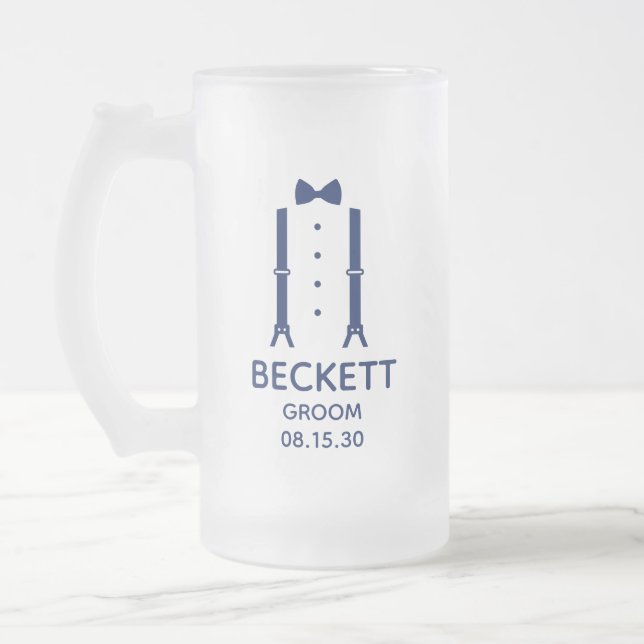 Groom Blue Bow Tie Frosted Glass Beer Mug (Left)