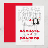 groom bride cartoon with red heart invitations