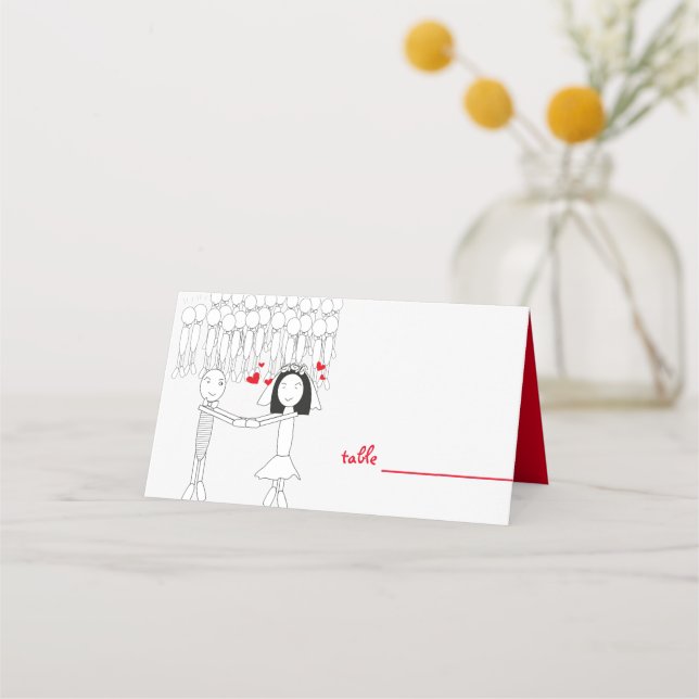groom bride cartoon with red heart place cards (Front)