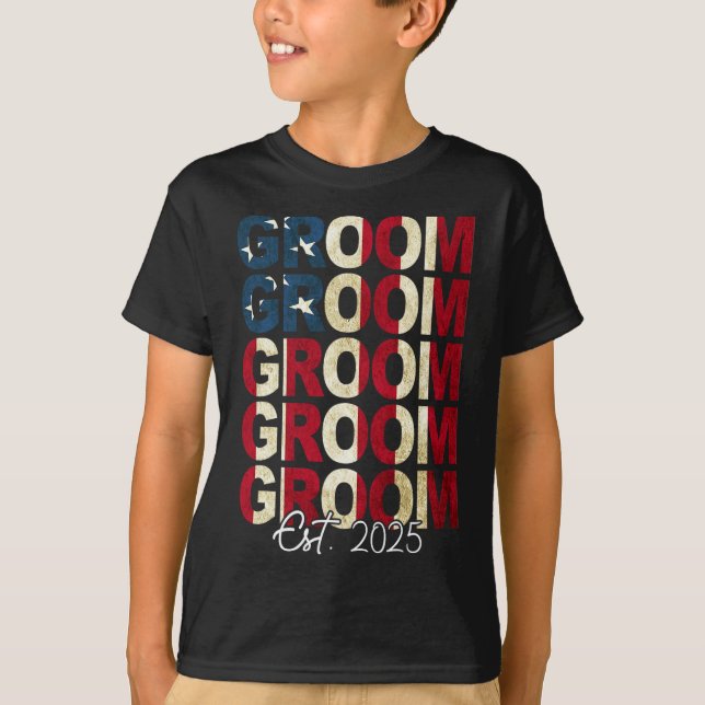 Groom Bride Est. 2025 Us Flag Just Married Couples T-Shirt (Front)