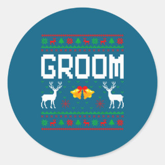 Groom bride married couple ugly christmas sweater  classic round sticker