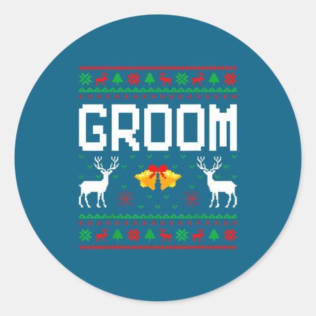 Groom bride married couple ugly christmas sweater  classic round sticker (Front)