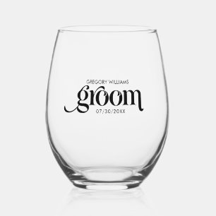 Groom Elegant Black Retro Typography Stemless Wine Glass