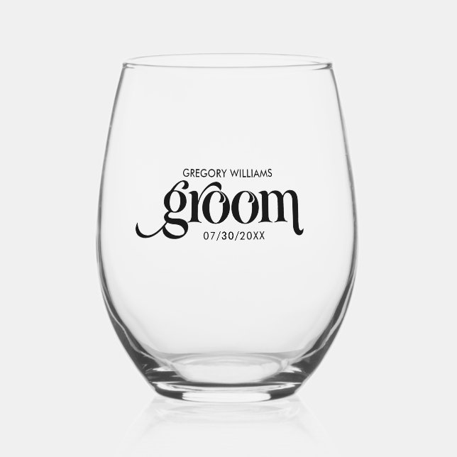 Groom Elegant Black Retro Typography Stemless Wine Glass (Front)