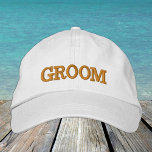 GROOM embroidered baseball cap gold / white<br><div class="desc">Embroidered Hats: Classic golden / white fashion baseball cap with text "GROOM" for bachelor party / stag party,  wedding,  costume party dress up / night out</div>