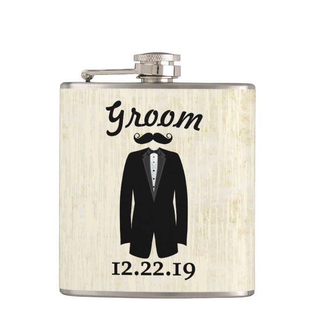 Groom Flask Tuxedo black Tie (Front)