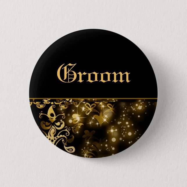 Groom gold black wedding bridal party 6 cm round badge (Front)