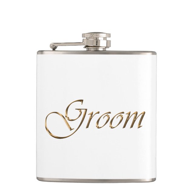 Groom, gold script elegant chic white  hip flask (Front)
