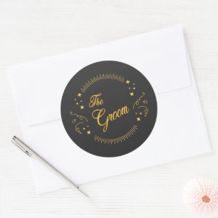Groom Gold Wedding Elegant Script Gold Black Classic Round Sticker