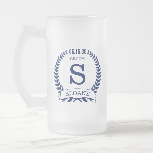 Groom Initial Frosted Glass Beer Mug (Left)