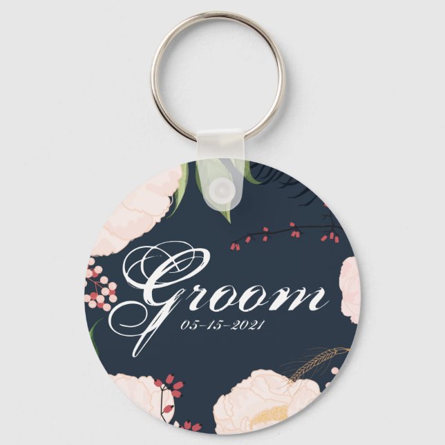 Groom Key Chain Baby Pink Cosmos on Navy (Front)