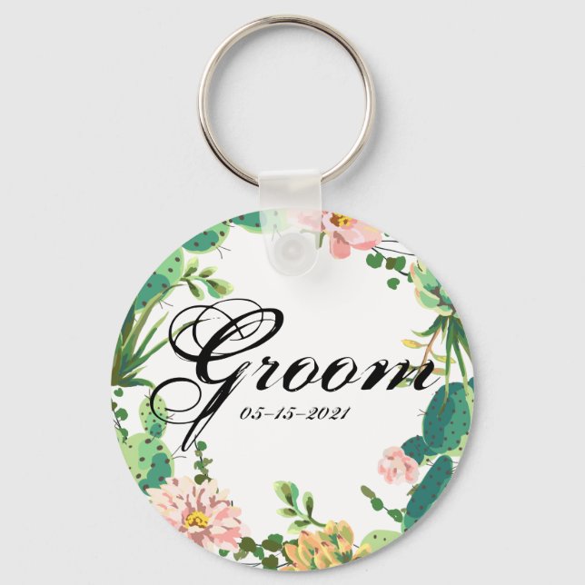 Groom Key Chain Bohemian Cactus Succulents Dessert (Front)