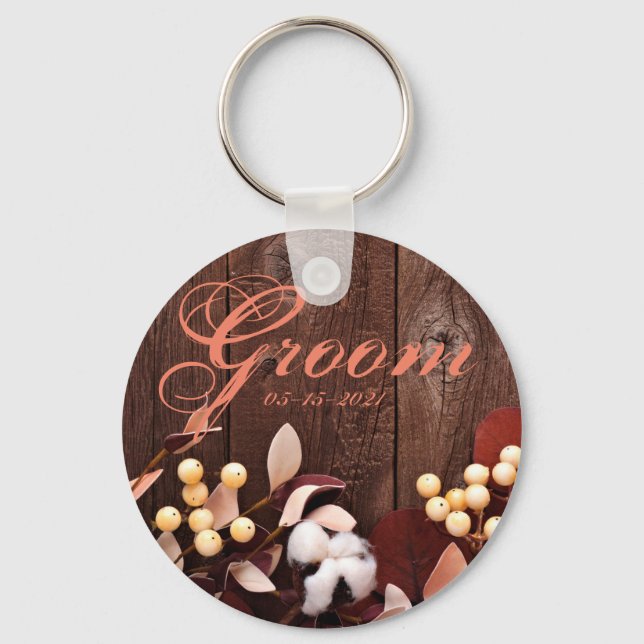 Groom Key Chain Cotton Branch on Dark Wood Stem Co (Front)