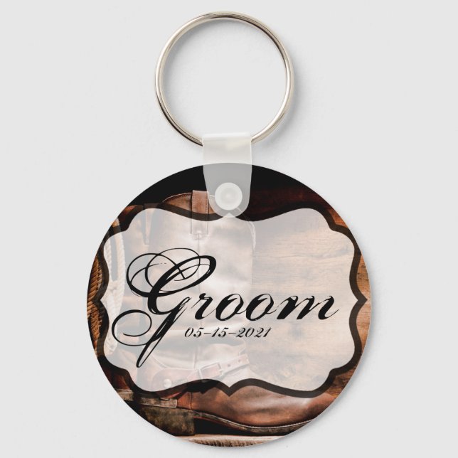Groom Key Chain Cowboy Boots Barn Wood Rustic Coun (Front)