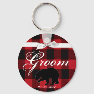 Groom Key Chain Red Buffalo Plaid Bear Black