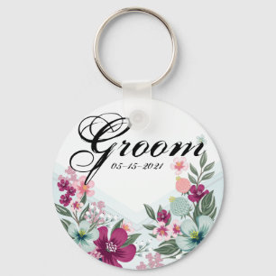 Groom Key Chain Tropical Flowers on Blue Ombre
