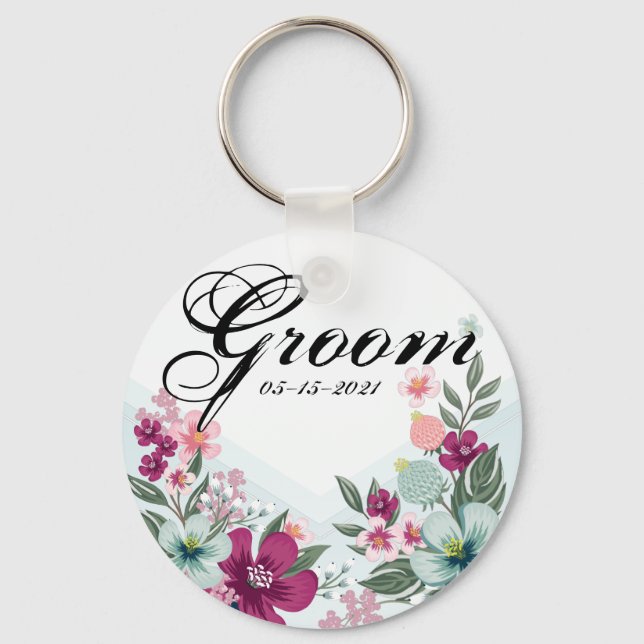 Groom Key Chain Tropical Flowers on Blue Ombre (Front)