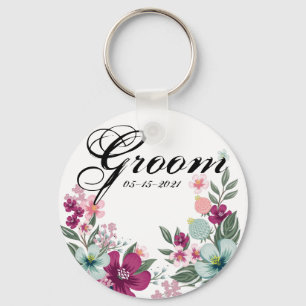 Groom Key Chain Tropical Flowers on White