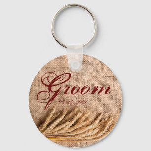 Groom Key Chain Wheat on Burlap Sack Country Rusti