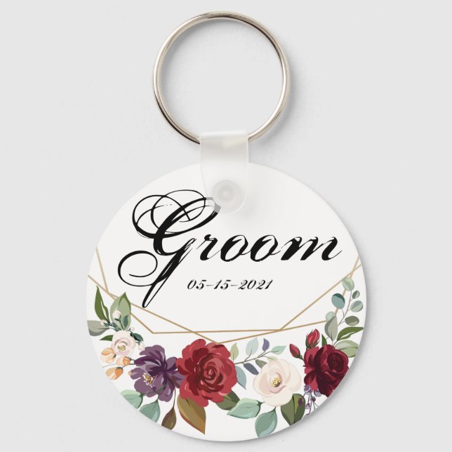 Groom Key Chain White Roses Gold Geometric (Front)