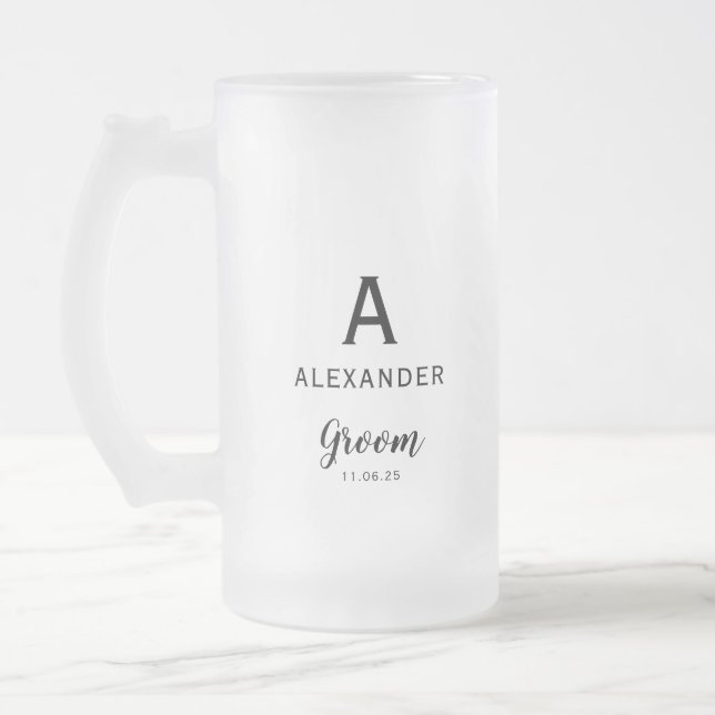 Groom Monogram Name Wedding Frosted Glass Beer Mug (Left)