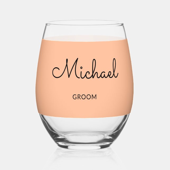 Groom Monogrammed Stylish Custom Wedding Peach Stemless Wine Glass (Front)