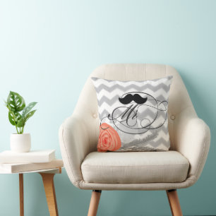 Groom Moustache Mr Coral Grey Zig Zag Floral Cushion