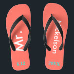 Groom Mr. Coral Flip Flops<br><div class="desc">Bright coral with Mr. and Last Name written in white text and date of wedding in turquoise blue to personalise with black accents.  Beach destination or honeymoon flip flops for the new groom.  Original designs by TamiraZDesigns.</div>