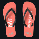Groom Mr. Coral Flip Flops<br><div class="desc">Bright coral with Mr. and Last Name written in white text and date of wedding in turquoise blue to personalise with black accents. Beach destination or honeymoon flip flops for the new groom. Original designs by TamiraZDesigns.</div>