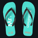 Groom Mr. Turquoise Blue Flip Flops<br><div class="desc">Bright turquoise blue with Mr. and Last Name written in white text and date of wedding in coral to personalise with black accents.  Beach destination or honeymoon flip flops for the new groom.  Original designs by TamiraZDesigns.</div>