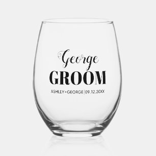 Groom name black typography wedding stemless wine glass