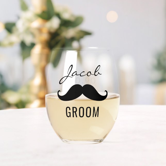 Groom Name Moustache Wedding Date Stemless Wine Glass (Insitu (Wedding))