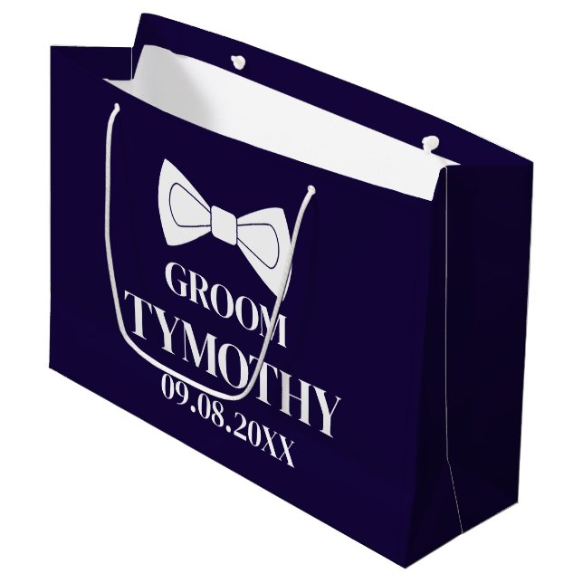 Groom Navy Blue Elegant Modern Name Gifts Wedding Large Gift Bag (Front Angled)