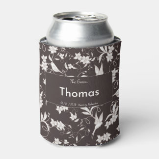Groom on dark floral pattern Wedding Party Can Cooler