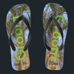 Groom Palm Trees Blue Sky Flip Flops<br><div class="desc">Cool Palm Trees with a Pretty Blue Sky in the background Unisex Flip Flops with Groom written in a nice green colour text, and Date of Marriage in black text. PERSONALIZE with your Wedding DATE (or delete text). Feel the ocean breeze and tropics beneath your feet. Shown with Wide Black...</div>