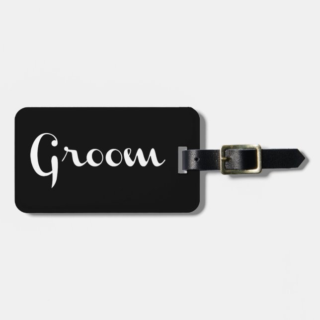Groom Retro Script White on Black Luggage Tag (Front Horizontal)