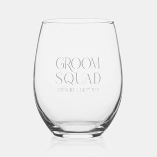 Groom Squad Best Man Elegant Light Grey Typography Stemless Wine Glass