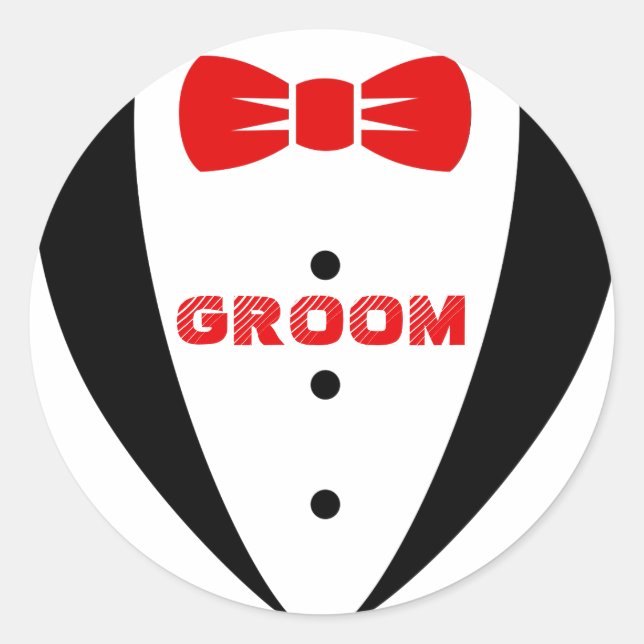 Groom Tex-Black Tuxedo & Red Bowtie Classic Round Sticker (Front)