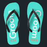 Groom Turquoise Flip Flops<br><div class="desc">Groom is written in white text against bright turquoise blue with black accents.  Personalise with date of wedding in coral. Cool beach destination or honeymoon flip flops. Original designs by TamiraZDesigns.</div>