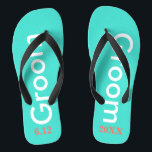 Groom Turquoise Flip Flops<br><div class="desc">Groom is written in white text against bright turquoise blue with black accents. Personalise with date of wedding in coral. Cool beach destination or honeymoon flip flops. Original designs by TamiraZDesigns.</div>
