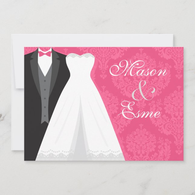 Groom Tux and Bridal Gown Pink Luxury Wedding Invitation (Front)