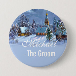 Groom, vintage Christmas tree snowy night 7.5 Cm Round Badge