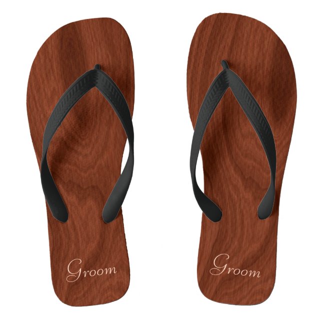Groom Wedding Day Rustic Wood Look Beach Honeymoon Flip Flops (Footbed)