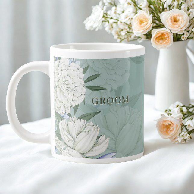 Groom Wedding Gift – Sage Green & Peonies Floral Large Coffee Mug (Creator Uploaded)