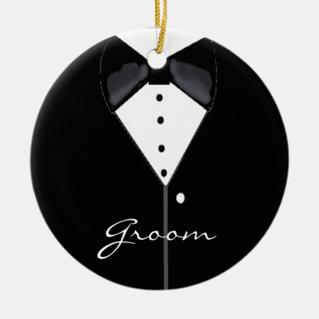 Groom Wedding Tuxedo Ceramic Tree Decoration (Front)