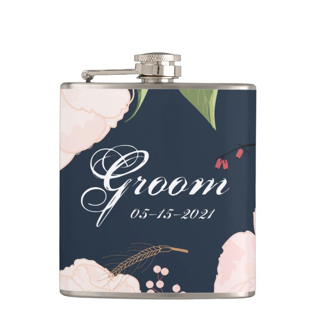 Groom Whiskey Flask Baby Pink Cosmos on Navy (Front)